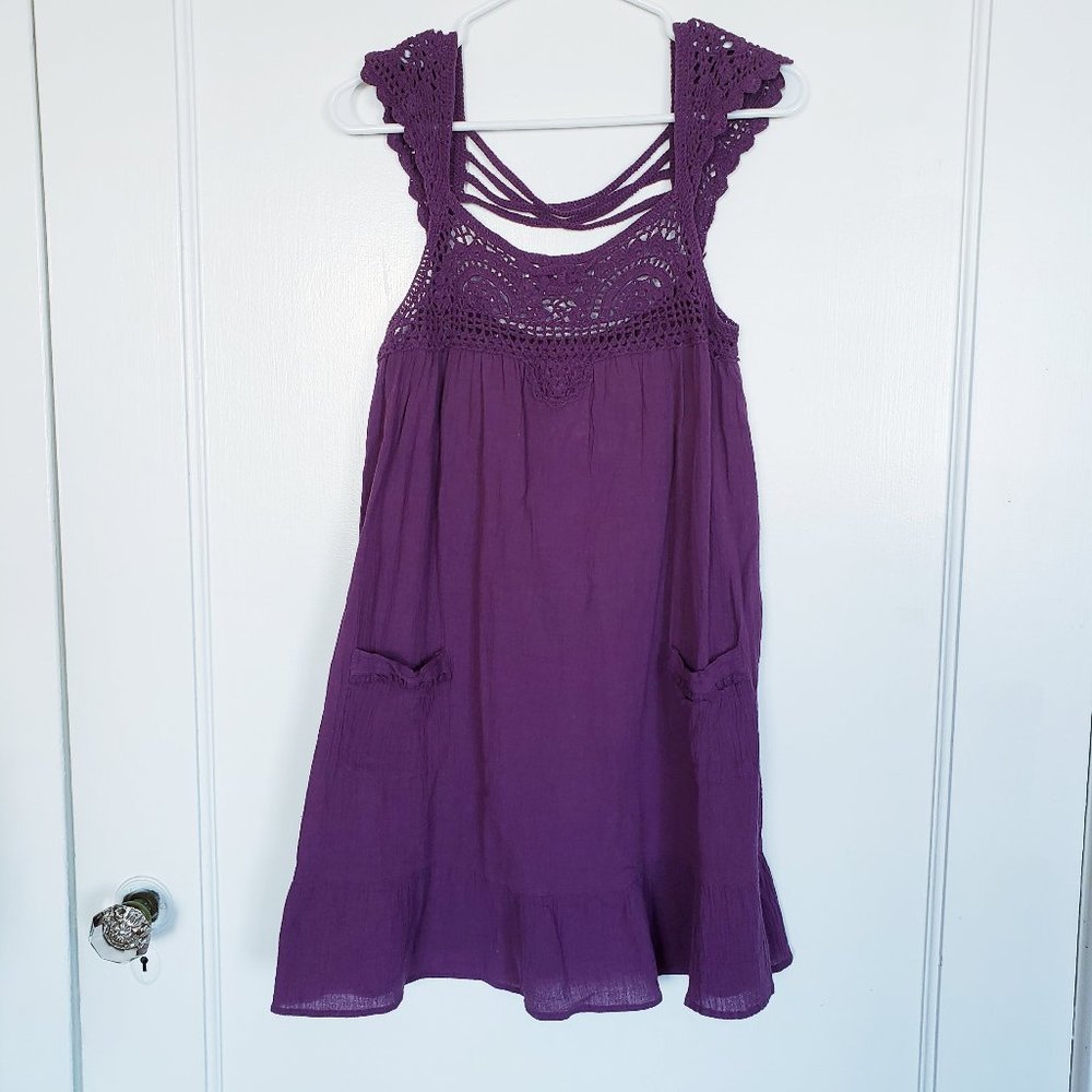 Forever 21 Purple Crinkle Cotton Crochet Beach Coverup Dress Pockets Medium